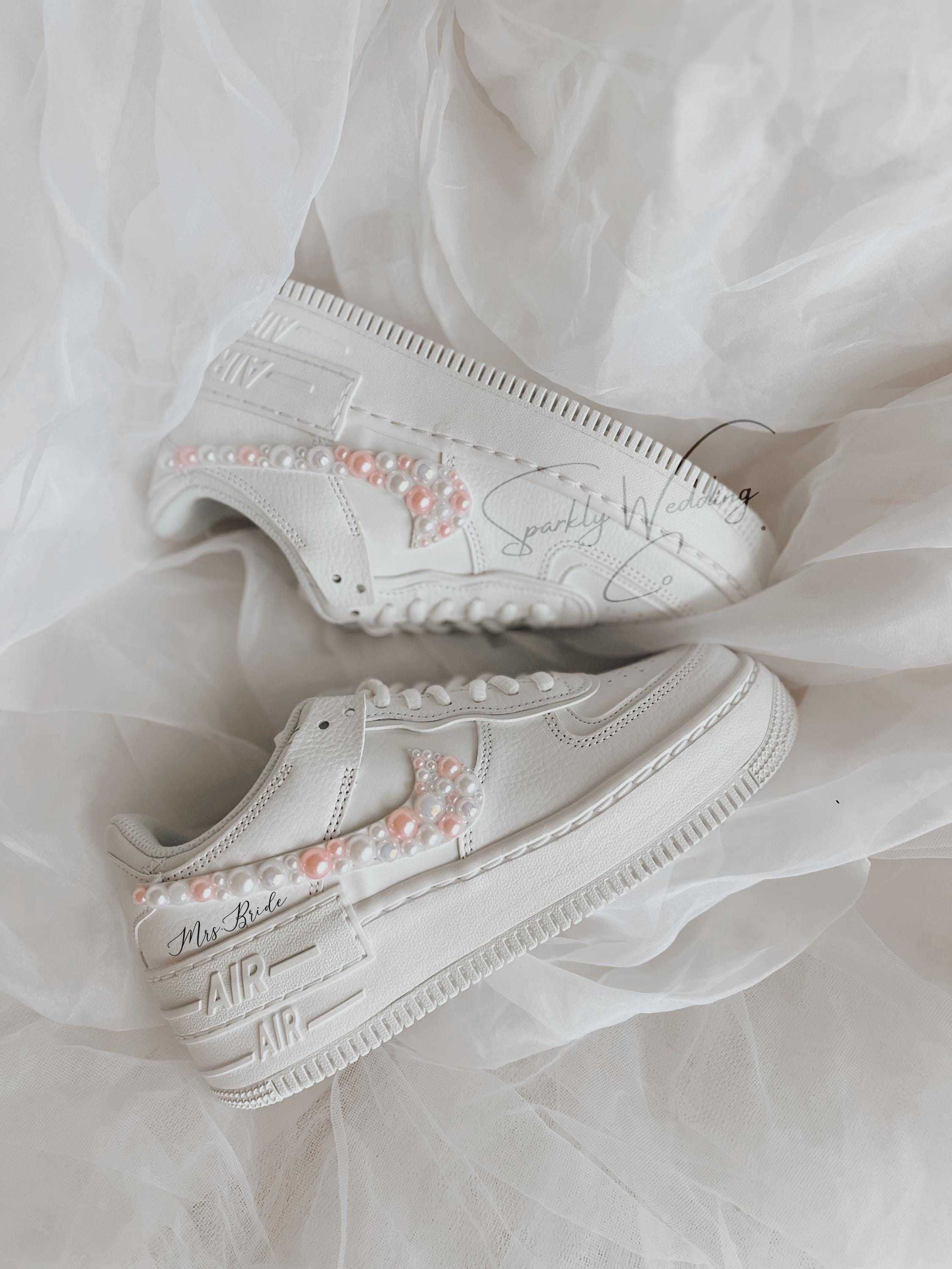 Custom Wedding Sneakers – Nike Air Force 1 Shadow Bridal Shoes with Pearls