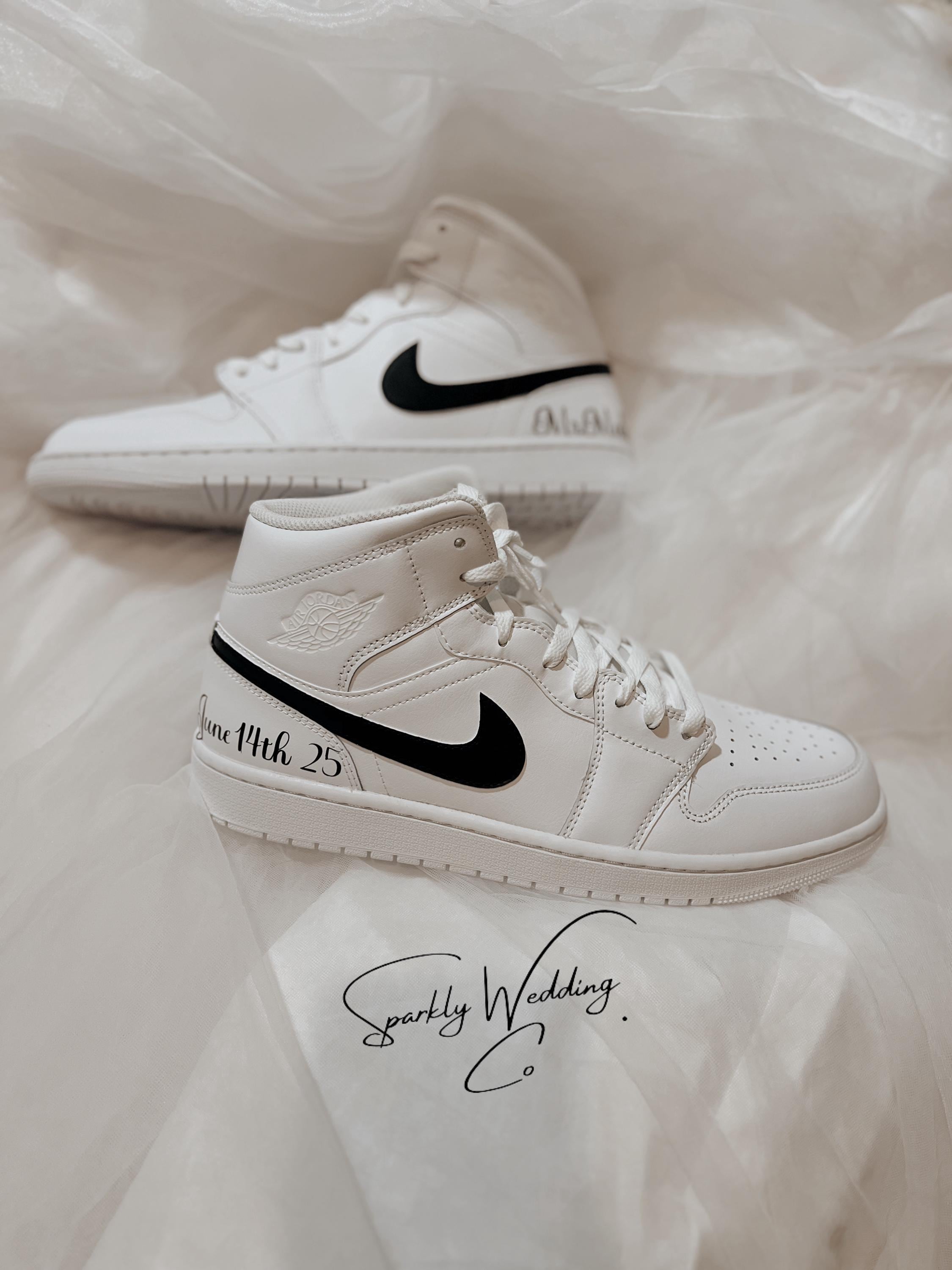 Groom's Painted Swoosh Wedding Sneakers | Custom Nike Air Jordan Mid