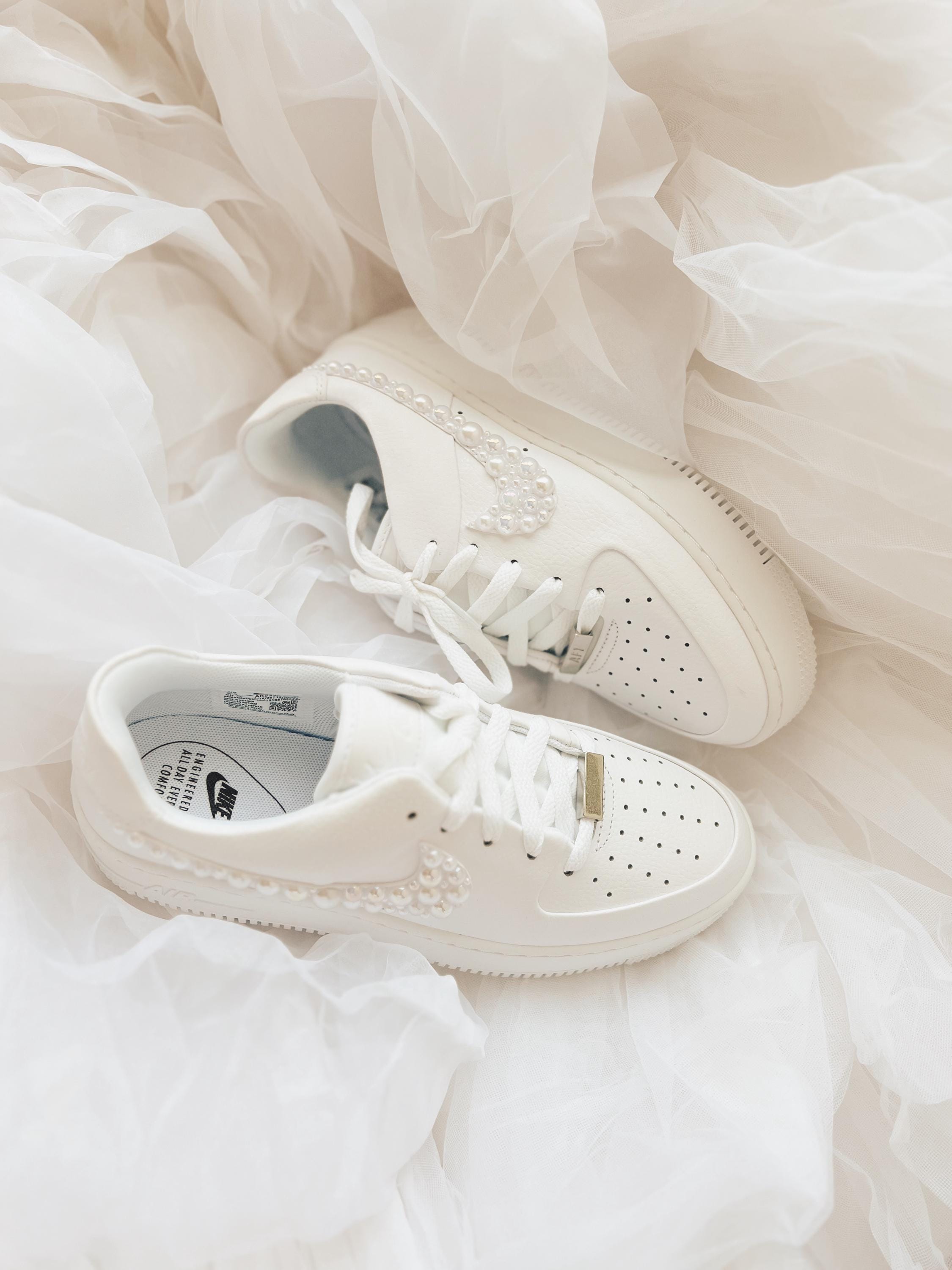 Pearl Wedding Sneakers: Custom Bridal Air Force sage
