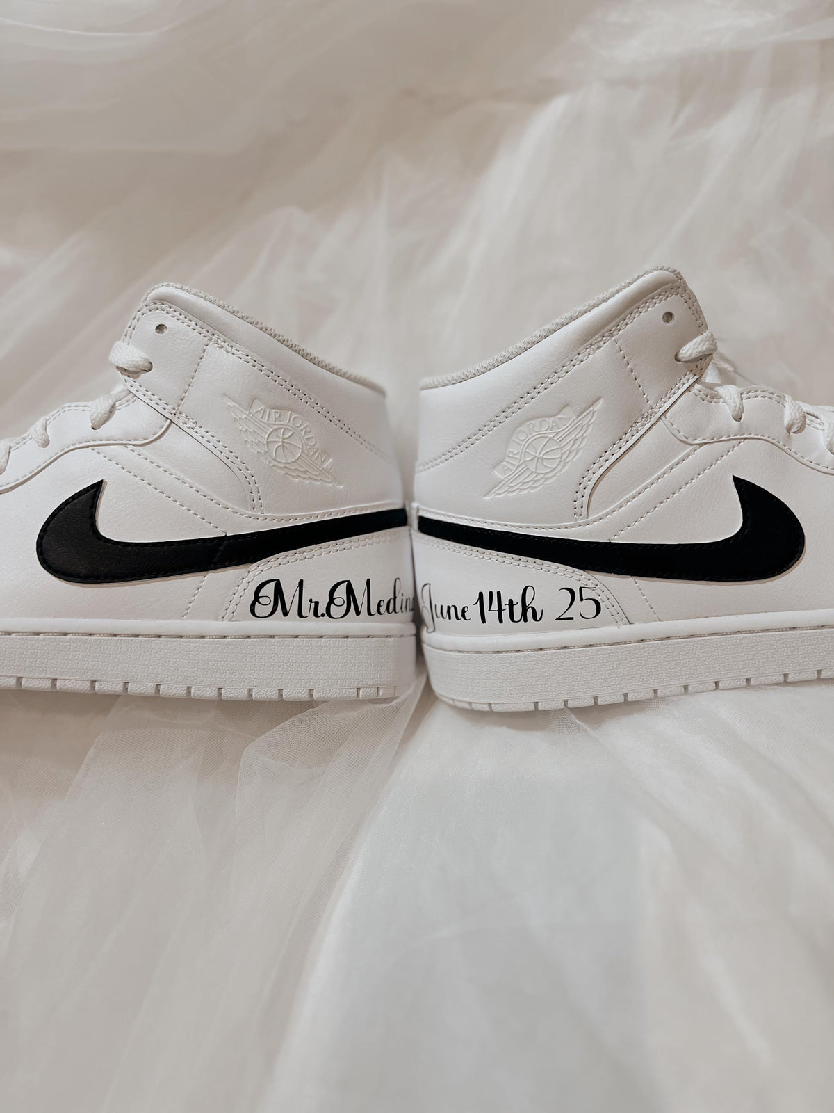 Groom's Painted Swoosh Wedding Sneakers | Custom Nike Air Jordan Mid