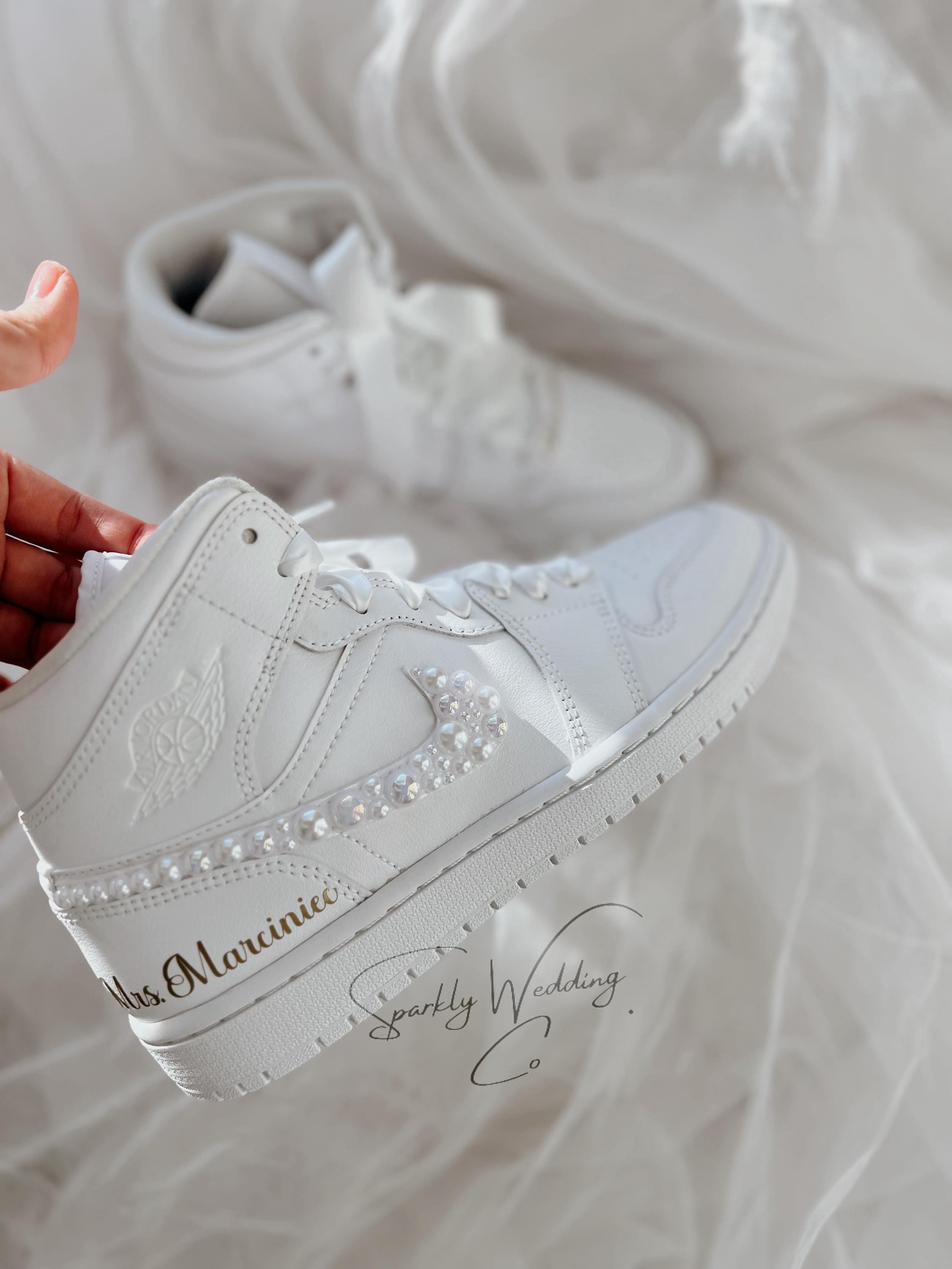 Pearl Swoosh Bridal Sneakers | Custom Nike Air Jordan Mid for Bride