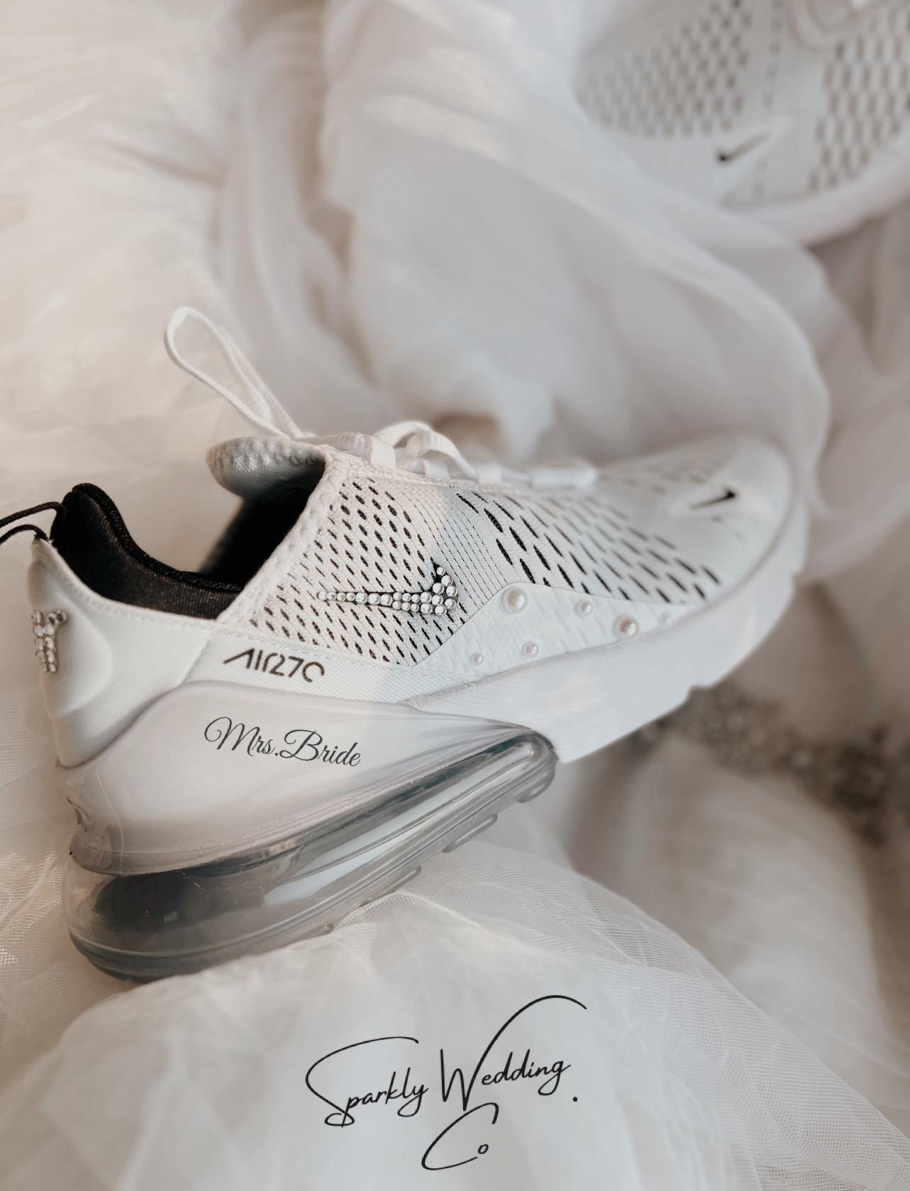 Air Max 270 Bridal Sneakers: White Pearls & Blue Crystals - Personalized Wedding Shoes