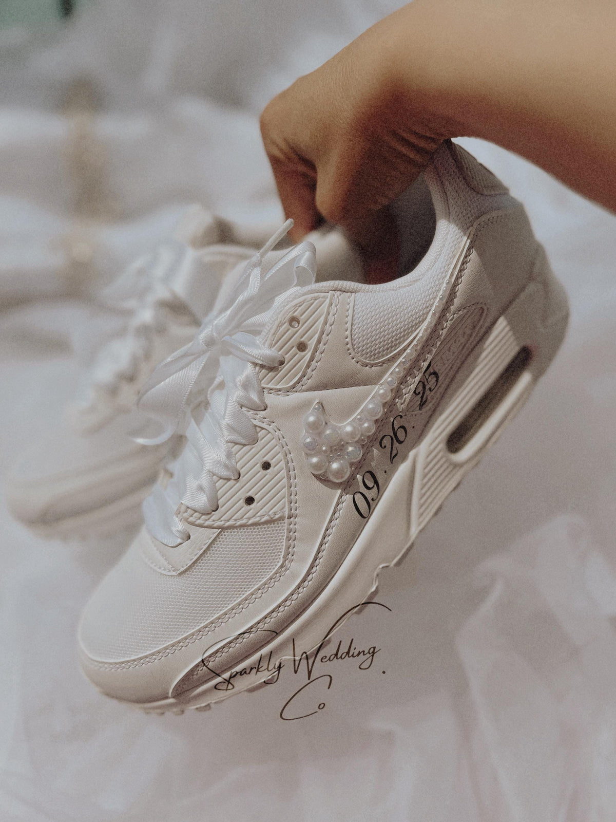 Pearl Swoosh Bridal Sneakers | Custom Nike Air Max 90 Wedding Shoes for Bride