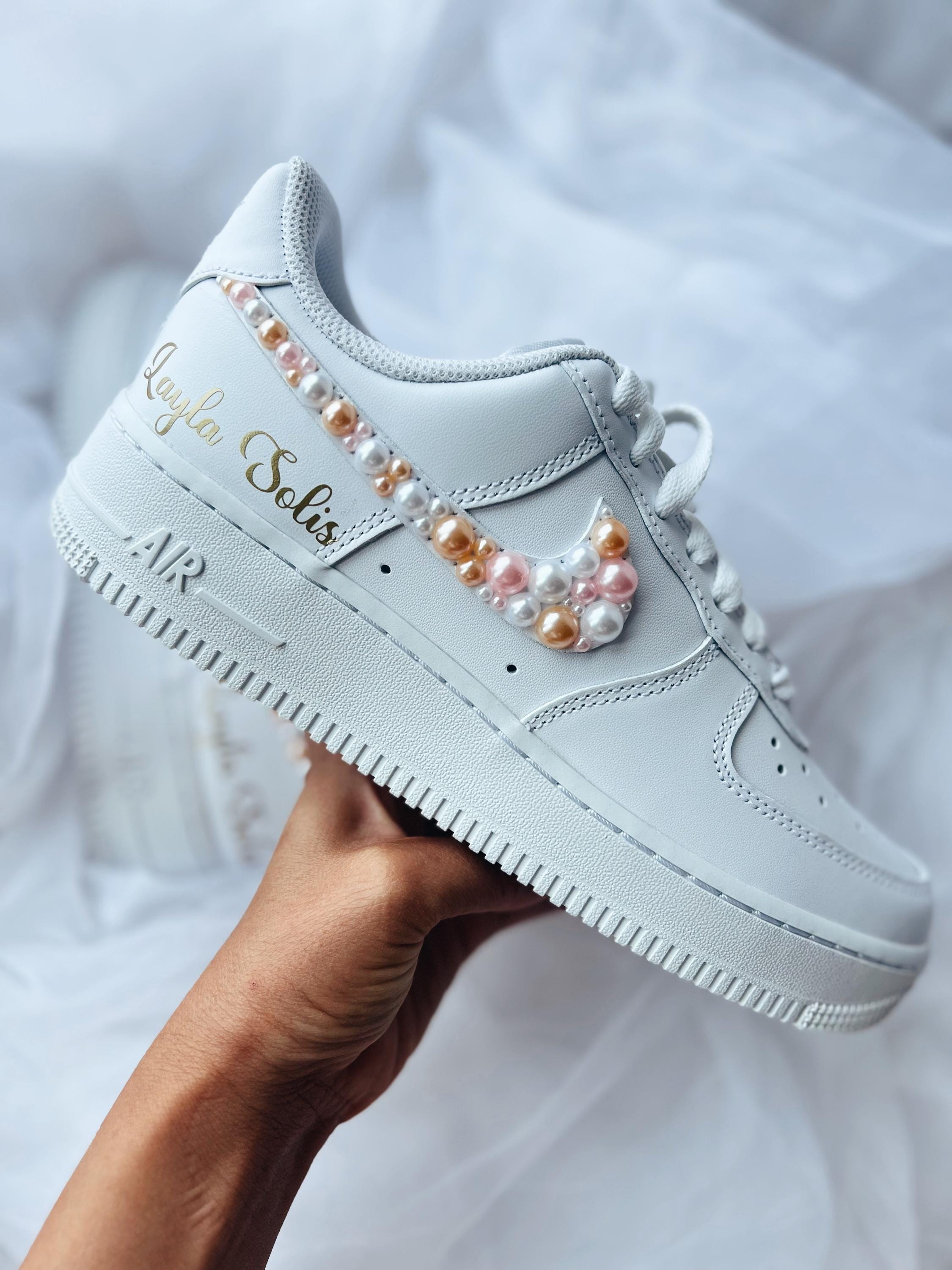 Sunset Wedding Pearl Sneakers, Personalized Bridal Nike AF1s, Pearl Shoes for Bride,