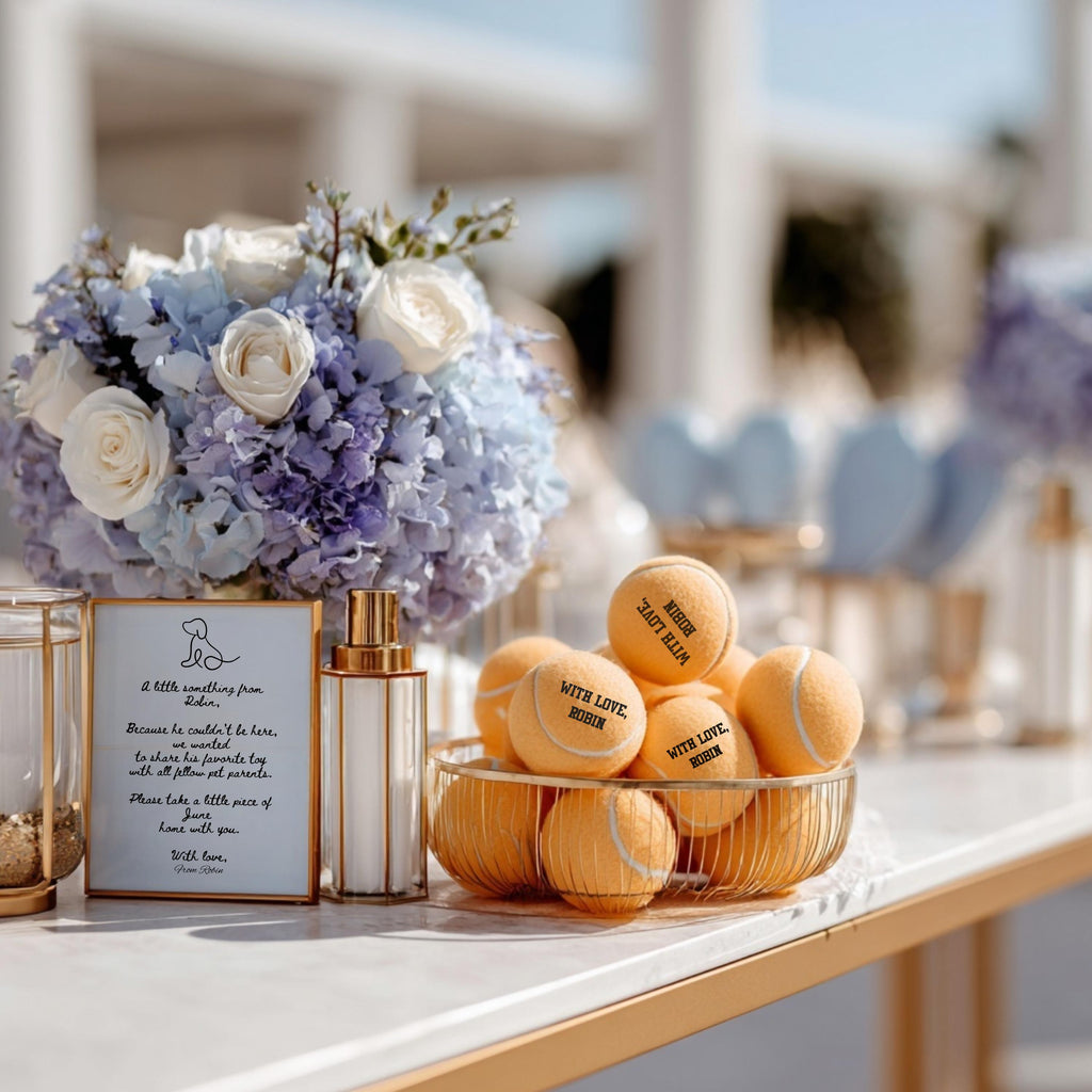 Personalized dog wedding favors, custom tennis ball with love message, tennis player gift