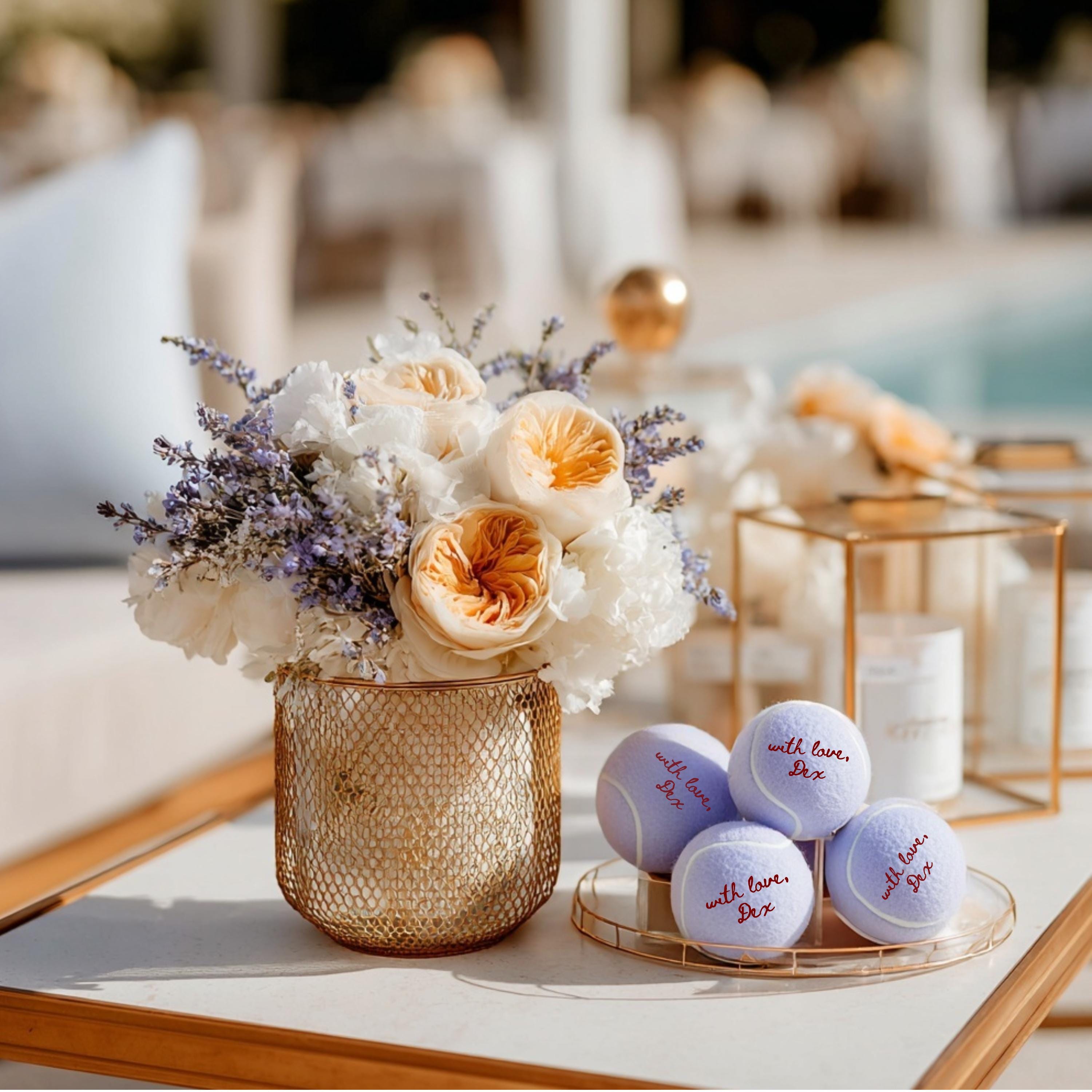 Personalized dog wedding favors, custom tennis ball with love message, tennis player gift