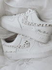 Custom bridal Nike Air Force 1 wedding sneakers with pearls and rhinestones on both outer swooshes and back, personalized with wedding name and date