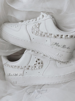 Custom bridal Nike Air Force 1 wedding sneakers with pearls and rhinestones on both outer swooshes and back, personalized with wedding name and date