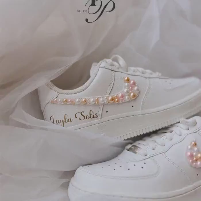 Sunset Wedding Pearl Sneakers, Personalized Bridal Nike AF1s, Pearl Shoes for Bride,