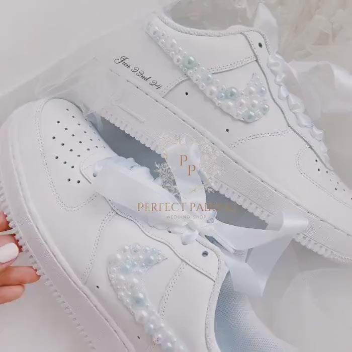 Something Blue Bridal Sneakers | Custom Pearl Nike Air Force 1 Wedding Shoes