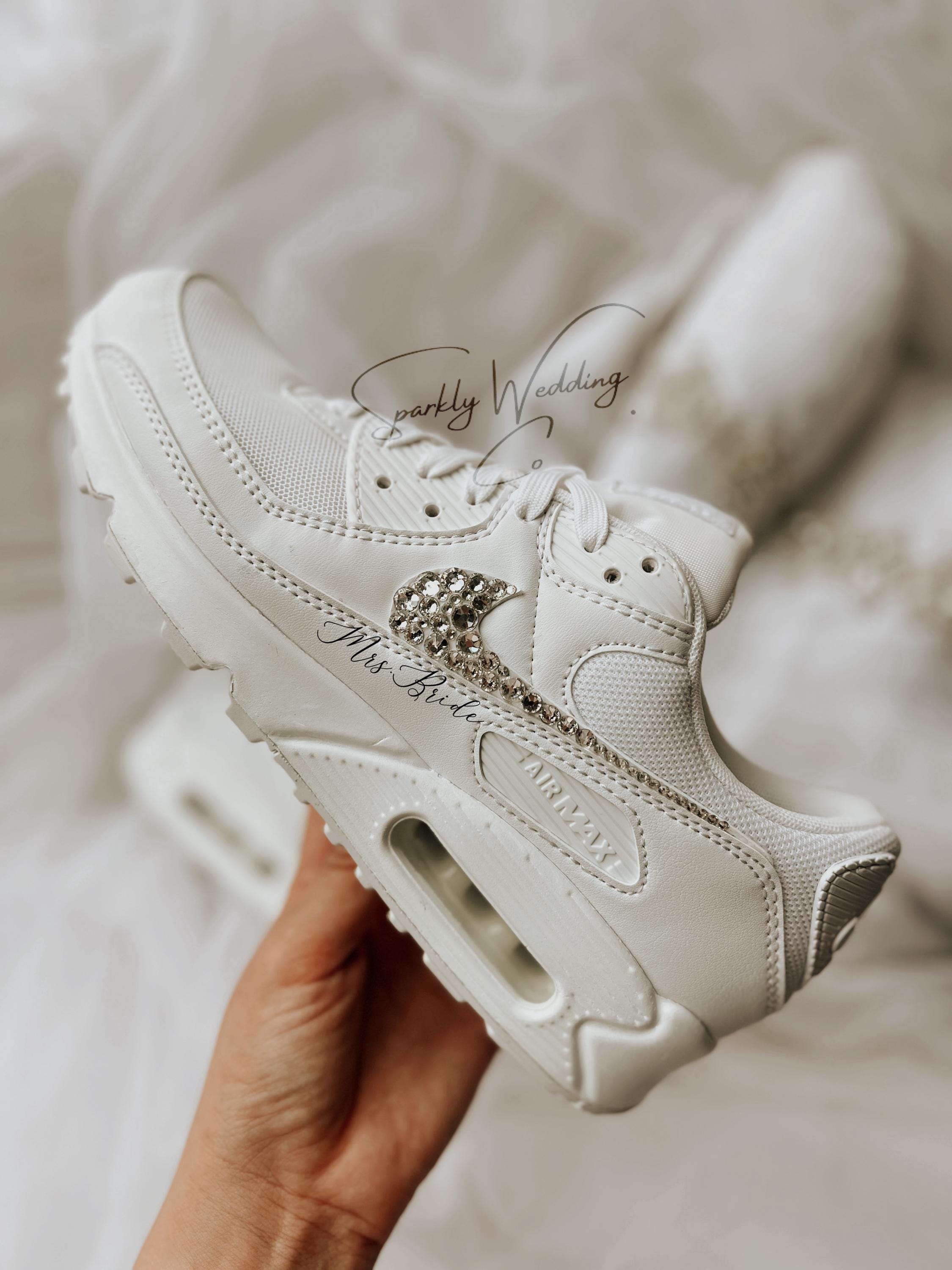 Custom Nike Air Max 90 bridal wedding sneakers with rhinestones on both outer swooshes, personalized with wedding name and date