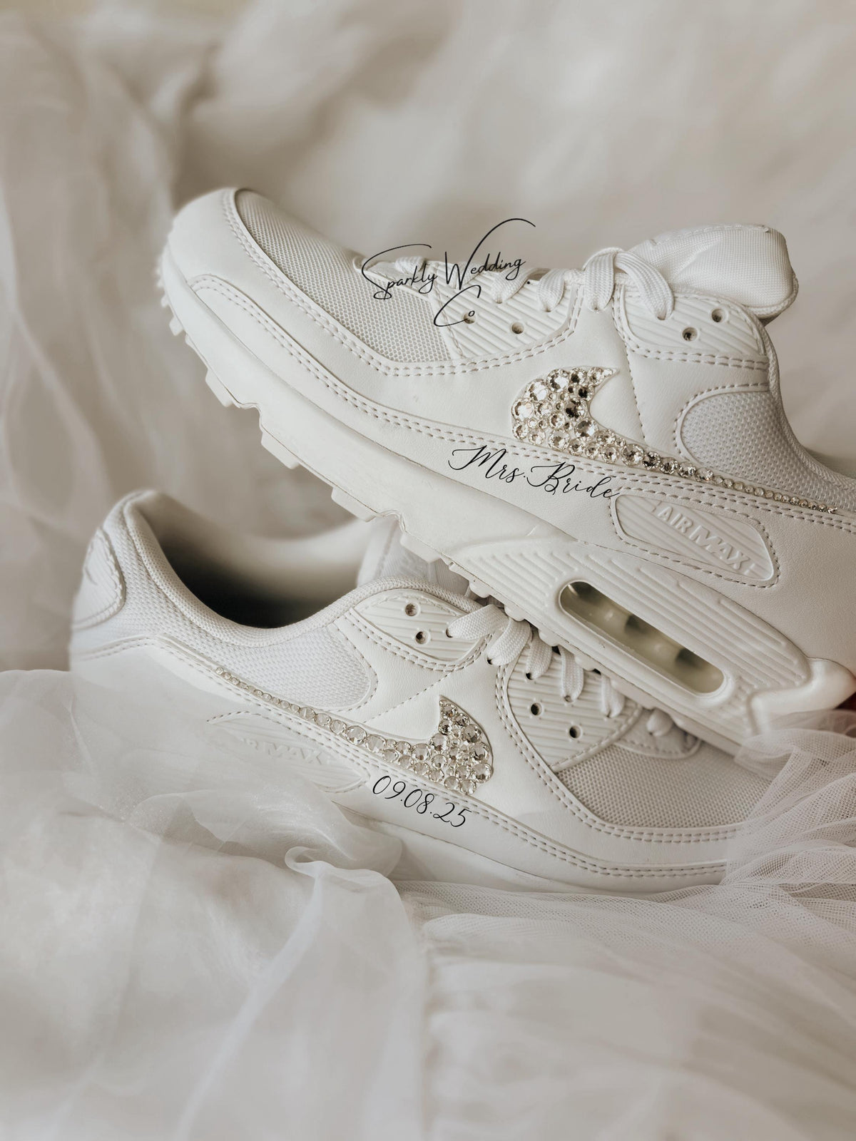 Custom Nike Air Max 90 bridal wedding sneakers with rhinestones on both outer swooshes, personalized with wedding name and date