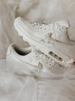 Custom Nike Air Max 90 bridal wedding sneakers with rhinestones on both outer swooshes, personalized with wedding name and date