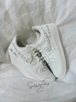 Personalized Nike Air Force 1 bridal wedding sneakers with pearls on both outer swooshes, customized with wedding name and date