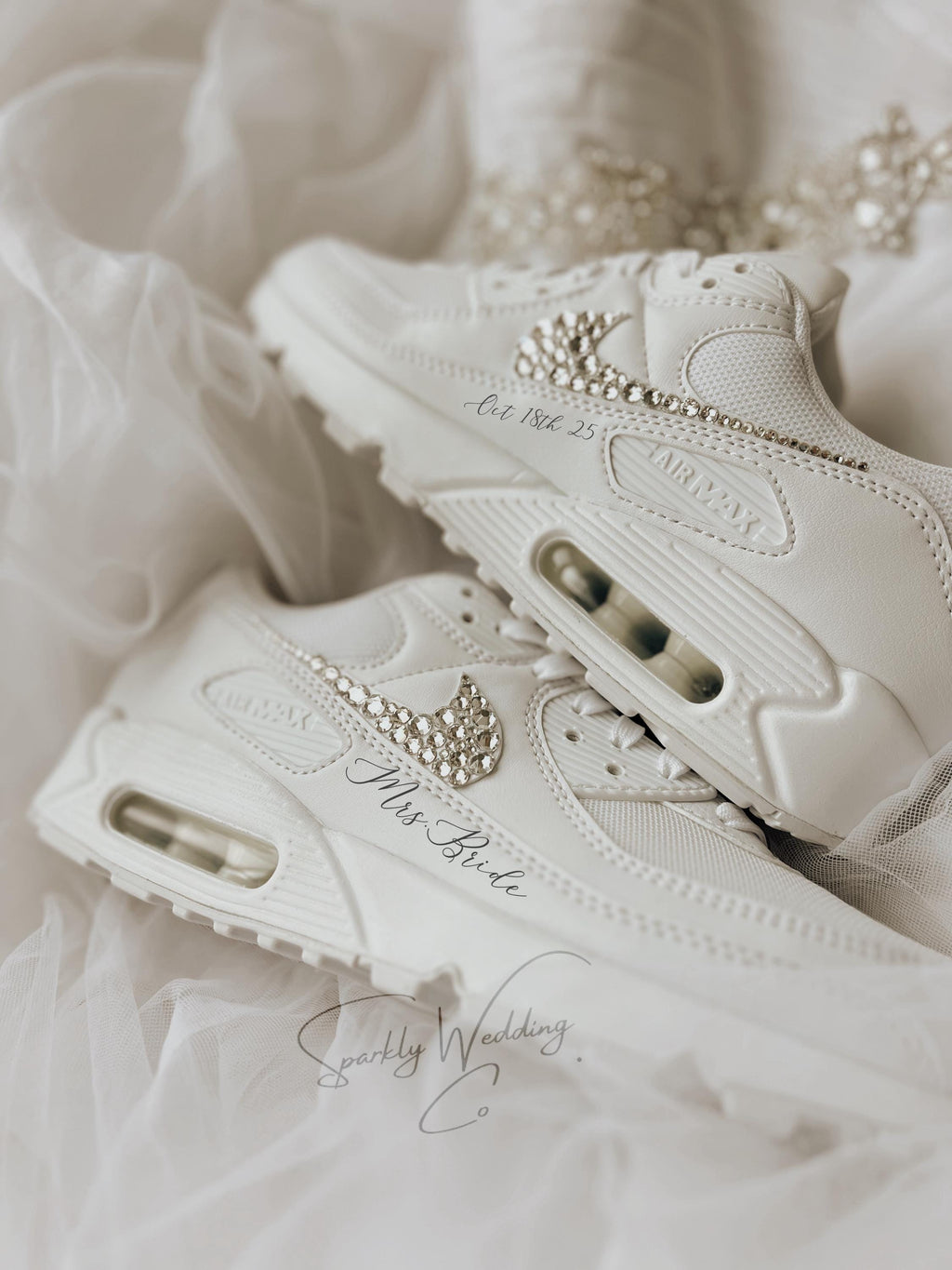 Custom Nike Air Max 90 bridal wedding sneakers with rhinestones on both outer swooshes, personalized with wedding name and date