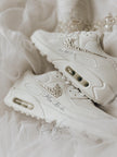 Custom Nike Air Max 90 bridal wedding sneakers with rhinestones on both outer swooshes, personalized with wedding name and date
